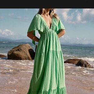Free People FP Beach La La Tiered Maxi Dress Women Size Small S Green Summer